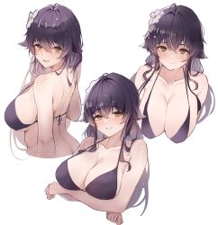 Rule 34 | 1girl, absurdres, arms under breasts, azuma (azur lane), azur lane, bikini, black bikini, black hair, blush, breasts, brown eyes, cleavage, closed mouth, commentary request, cropped torso, floppy ears, flower, from behind, hair between eyes, hair flower, hair ornament, halterneck, highres, large breasts, long hair, looking at viewer, looking back, multiple views, open mouth, parted lips, partial commentary, sea nami, simple background, smile, swimsuit, upper body, white background