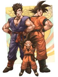 Rule 34 | 3boys, arms behind head, arms up, black hair, brothers, child, closed eyes, dougi, dragon ball, dragonball z, father and son, full body, grin, hand on own hip, happy, height difference, highres, long sleeves, looking back, looking down, makumaku, male focus, multiple boys, short hair, siblings, sleeveless, smile, son gohan, son goku, son goten, spiked hair, standing, wristband