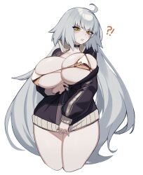 Rule 34 | !?, 1girl, ahoge, arm under breasts, bikini, bikini top only, black choker, blush, breasts, choker, cleavage, collarbone, covered erect nipples, fate/grand order, fate (series), gold bikini, grey hair, highres, huge breasts, jacket, jeanne d&#039;arc alter (fate), large breasts, long hair, long sleeves, looking at viewer, open clothes, open jacket, orange eyes, parted lips, partially unzipped, psidubs, pulling own clothes, simple background, skindentation, solo, swimsuit, thick thighs, thighs, unzipped, unzipping, very long hair, white background, zipper, zipper pull tab