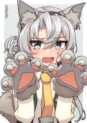 Rule 34 | 1girl, absurdres, animal ear fluff, animal ears, animal hands, black vest, blush, commentary request, fake animal ears, fang, gloves, grey eyes, grey hair, hair between eyes, halloween costume, highres, kantai collection, long sleeves, looking at viewer, namaata, necktie, nowaki (kancolle), open mouth, paw gloves, shirt, simple background, solo, upper body, vest, white shirt, yellow necktie