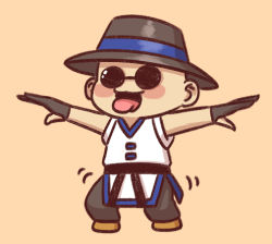Rule 34 | 1boy, belt, black belt, black hat, black pants, blush stickers, chibi, choi bounge, commentary, dancing, diyap, dobok, full body, hat, male focus, motion lines, outstretched arms, pants, round eyewear, simple background, solo, sunglasses, the king of fighters, tongue, tongue out