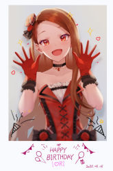 Rule 34 | 1girl, :d, asymmetrical bangs, black choker, brown hair, choker, collarbone, daika!!, dated, dress, forehead, gloves, hands up, happy birthday, hat, heart, heart print, highres, idolmaster, idolmaster (classic), idolmaster million live!, long hair, looking at viewer, minase iori, mini hat, open mouth, party popper, red gloves, smile, solo, sparkle print, strapless, strapless dress, two-tone dress, upper body, very long hair, waving