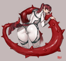 Rule 34 | 1girl, alternate costume, ass, bodysuit, breasts, cameltoe, from behind, leaning, leaning forward, long hair, looking at viewer, looking back, low ponytail, mortal kombat (series), mortal kombat 11, ozkh, ponytail, red eyes, red hair, sarong, shiny clothes, sideboob, skarlet, skin tight, smile, solo, tentacles