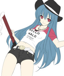 Rule 34 | 1girl, bad id, bad pixiv id, belt, blue hair, casual, contemporary, english text, engrish text, female focus, hat, hinanawi tenshi, long hair, looking at viewer, navel, necktie, ranguage, red hair, shorts, simple background, sketch, smile, solo, sword of hisou, takemori shintarou, touhou, white background