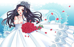 Rule 34 | 10s, 1girl, bare shoulders, black hair, breasts, dress, earrings, elbow gloves, flower, gloves, gradient background, jewelry, long hair, mahouka koukou no rettousei, necklace, one eye closed, open mouth, ponytail, rose, saegusa mayumi, tiara, veil, wedding, wedding dress, wink