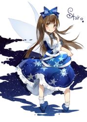 Rule 34 | 1girl, blue bow, blue dress, blue footwear, blush, bobby socks, bow, brown eyes, brown hair, character name, dress, fairy wings, full body, hair bow, long hair, looking at viewer, looking back, puffy sleeves, shoes, simple background, smile, socks, solo, standing, star (symbol), star sapphire, touhou, toutenkou, white socks, wings