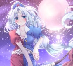 Rule 34 | 1girl, aqua eyes, arrow (projectile), blush, bow (weapon), braid, breasts, cleavage, cross, female focus, fetefeteli, hat, long hair, moon, open mouth, puffy sleeves, red cross, short sleeves, silver hair, single braid, solo, tears, touhou, weapon, yagokoro eirin