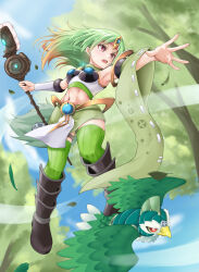 Rule 34 | 1girl, arm warmers, armor, armored boots, armpits, bare shoulders, bird, black footwear, blue sky, boots, breastplate, breasts, cloud, colored tips, commentary request, crop top, daigusto sphreez, day, detached sleeves, duel monster, falling leaves, floating, floating hair, full body, gradient hair, green hair, green scarf, green skirt, green sleeves, green thighhighs, green tube top, gusto egul, headband, highres, holding, holding staff, leaf, long hair, medium breasts, midriff, multicolored hair, navel, nobea, obliques, open mouth, orange hair, outstretched arm, pelvic curtain, pouch, red eyes, red headband, ribbed legwear, ribbed thighhighs, scarf, sidelocks, single arm warmer, single detached sleeve, skindentation, skirt, sky, staff, strapless, teeth, thigh pouch, thighhighs, tree, tube top, upper teeth only, wind, yu-gi-oh!, zettai ryouiki