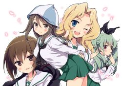 Rule 34 | 10s, 4girls, alternate costume, anchovy (girls und panzer), arm support, arms behind back, black neckerchief, black ribbon, blonde hair, blouse, blue eyes, blue hat, blush, brown eyes, brown hair, closed mouth, commentary request, drill hair, finger to mouth, girls und panzer, green hair, green skirt, hair intakes, hair ribbon, hat, kay (girls und panzer), leaning forward, light particles, long hair, long sleeves, looking at viewer, mika (girls und panzer), miniskirt, multiple girls, neckerchief, nishizumi maho, odawara hakone, one eye closed, ooarai school uniform, pleated skirt, red eyes, ribbon, school uniform, serafuku, shirt, short hair, skirt, smile, standing, thumbs up, trait connection, twin drills, twintails, white shirt
