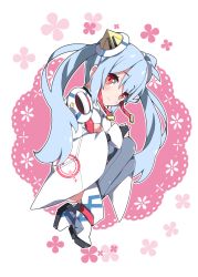 Rule 34 | 1girl, blue hair, blush, boots, breasts, bridal gauntlets, closed mouth, commentary request, doily, hair between eyes, hairpods, long hair, long sleeves, matoi (pso2), medium breasts, milkpanda, phantasy star, phantasy star online 2, red eyes, sidelocks, smile, solo, twintails, very long hair, white footwear, wide sleeves