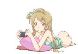 Rule 34 | 10s, 1girl, ass, barefoot, blouse, bow, brand name imitation, breasts, brown eyes, brown hair, butt crack, cellphone, downpants, female focus, food, green shirt, hair bow, large breasts, long hair, love live!, love live! school idol project, lying, minami kotori, mouth hold, nagarakawa shiraku, no pants, on stomach, panties, phone, pocky, shirt, simple background, smartphone, solo, tank top, underwear, underwear only