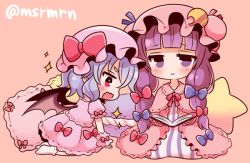 Rule 34 | 2girls, :&gt;, :d, bad id, bad pixiv id, bat wings, blue hair, book, bow, dress, fang, hat, hat bow, long hair, mashiro miru, multiple girls, open mouth, pajamas, patchouli knowledge, pink dress, purple eyes, purple hair, red bow, remilia scarlet, short hair, smile, striped, striped clothes, striped pajamas, touhou, twitter username, wings