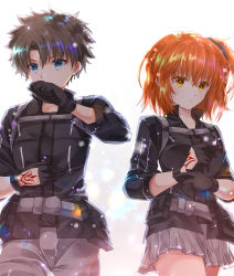 Rule 34 | 1boy, 1girl, bag, black gloves, black jacket, black scrunchie, blue eyes, blush, brown eyes, brown hair, closed mouth, command spell, commentary request, covered mouth, fate/grand order, fate (series), fujimaru ritsuka (female), fujimaru ritsuka (female) (polar chaldea uniform), fujimaru ritsuka (male), fujimaru ritsuka (male) (polar chaldea uniform), gloves, grey pants, grey skirt, hair between eyes, hair ornament, hair scrunchie, highres, iroha (shiki), jacket, long sleeves, one side up, orange hair, pants, pleated skirt, satchel, scrunchie, skirt, v-shaped eyebrows, white background