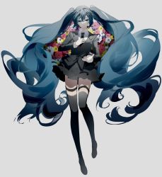 Rule 34 | 1girl, alternate costume, aqua eyes, aqua hair, black footwear, black necktie, black thighhighs, blank stare, closed mouth, empty eyes, expressionless, floating hair, flower, half-closed eyes, hand on own chest, hatsune miku, highres, liita (dusk snow), long hair, looking down, miniskirt, necktie, outstretched arm, pale skin, pigeon-toed, pleated skirt, saihate (vocaloid), serious, shoes, skirt, solo, thigh strap, thighhighs, twintails, very long hair, vocaloid, zettai ryouiki