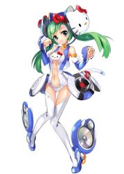 Rule 34 | 1girl, blue eyes, bodysuit, breasts, center opening, cleavage, detached sleeves, green hair, headset, hello kitty, hello kitty to issho!, highres, paw pose, phonograph, sanrio, solo, speaker, thighhighs, turntable, underboob, white thighhighs, zeco