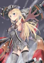 Rule 34 | 10s, 1girl, absurdres, anchor hair ornament, bismarck (kancolle), black panties, blonde hair, blue eyes, brown gloves, cross, detached sleeves, gloves, grey thighhighs, hair ornament, hat, highres, i.f.s.f, iron cross, kantai collection, long hair, military, military hat, military uniform, outstretched arm, outstretched hand, panties, peaked cap, sketch, smile, solo, thighhighs, turret, underwear, uniform