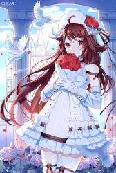 Rule 34 | 1girl, ahoge, animal ears, arknights, bare shoulders, bird, blue sky, bouquet, brown hair, clear regulus, cloud, commentary, cowboy shot, day, detached sleeves, dress, eyjafjalla (arknights), flower, gloves, hat, hat flower, horns, long hair, looking at viewer, red eyes, red flower, sheep ears, sheep horns, short dress, sky, solo, standing, symbol-only commentary, very long hair, white dress, white gloves, white hat