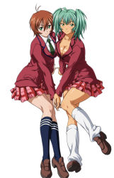 Rule 34 | 2girls, ahoge, aqua hair, arm support, bare legs, blush, breast press, breasts, brown hair, chinkyuu koudai, cleavage, closed mouth, collarbone, collared shirt, couple, curvy, dark-skinned female, dark skin, eyebrows hidden by hair, eyes visible through hair, female focus, full body, green eyes, green necktie, hair between eyes, holding hands, ikkitousen, invisible chair, jacket, large breasts, loafers, long hair, long sleeves, looking at viewer, miniskirt, multiple girls, neck, necktie, plaid, plaid skirt, pleated skirt, red jacket, red skirt, ryofu housen, school uniform, shirt, shoes, short hair, simple background, sitting, skirt, smile, symmetrical docking, twintails, white background, white shirt, yuri