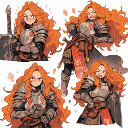 Rule 34 | 1girl, armor, big hair, huge weapon, multiple views, open mouth, orange eyes, orange hair, original, pout, simple background, weapon, white background