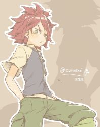 Rule 34 | 1boy, bad id, bad pixiv id, hands in pockets, inazuma eleven, inazuma eleven (series), jacket, looking at viewer, looking down, male focus, nagumo haruya, red hair, shorts, simple background, solo, ticktack chicken, twitter username