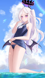 Rule 34 | 1girl, absurdres, aki uzuki3, bare arms, bare legs, bare shoulders, barefoot, black one-piece swimsuit, black wings, blue archive, blue sky, blush, breasts, closed mouth, cloud, commentary request, halo, highres, hina (blue archive), hina (swimsuit) (blue archive), horns, legs, lens flare, long hair, long legs, looking at viewer, low wings, old school swimsuit, one-piece swimsuit, one side up, outdoors, parted bangs, purple eyes, school swimsuit, school swimsuit flap, shallow water, sky, small breasts, solo, swimsuit, thighs, very long hair, water, white hair, wings