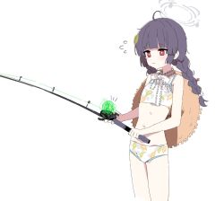 Rule 34 | 1girl, ahoge, bikini, blue archive, blunt bangs, blush, braid, bright pupils, closed mouth, commentary, cropped legs, crying, crying with eyes open, fishing, fishing line, fishing rod, flat chest, flying sweatdrops, halo, hat, hat on back, holding, holding fishing rod, leaf, leaf on head, leaf print, light frown, miyu (blue archive), miyu (swimsuit) (blue archive), navel, nitrio, notice lines, print bikini, raised eyebrows, red eyes, simple background, solo, stomach, straw hat, swimsuit, symbol-only commentary, tangle, tears, twin braids, two-handed, white background, white bikini, white pupils