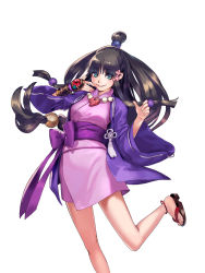 Rule 34 | 1girl, ace attorney, anklet, blue eyes, bracer, brown hair, capcom, feet, flower, geta, hair flower, hair ornament, haori, highres, japanese clothes, jewelry, kimono, long hair, low-tied long hair, magatama, maya fey, necklace, official art, onimusha soul, sandals, sash, short kimono, simple background, smile, solo, temoshi, topknot, very long hair, white background