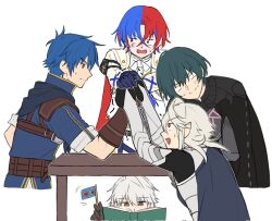 Rule 34 | 5boys, alear (fire emblem), alear (male) (fire emblem), arm wrestling, blue hair, book, byleth (fire emblem), cape, commentary request, corrin (fire emblem), corrin (male) (fire emblem), fire emblem, fire emblem: mystery of the emblem, fire emblem: three houses, fire emblem engage, fire emblem heroes, flag, gloves, grey hair, hand on table, highres, holding, kris (fire emblem), long sleeves, male focus, multicolored hair, multiple boys, nintendo, open mouth, pointy ears, red eyes, red hair, robin (fire emblem), robin (male) (fire emblem), short hair, short sleeves, simple background, struggling, sweat, sweatdrop, table, trembling, white background, white hair, zuzu (ywpd8853)