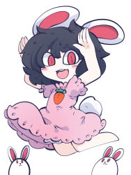Rule 34 | 1girl, animal, animal ears, barefoot, black hair, blush, buck teeth, carrot necklace, chahan (fried rice0614), dress, hair between eyes, highres, inaba tewi, jewelry, necklace, one-hour drawing challenge, open mouth, pink dress, rabbit, rabbit ears, rabbit tail, red eyes, short hair, short sleeves, simple background, smile, solo, tail, teeth, touhou, upper teeth only, white background