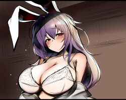 Rule 34 | 1girl, absurdres, animal ears, blush, bra, breasts, cleavage, closed mouth, commentary, highres, large breasts, long hair, looking at viewer, mizuga, purple hair, rabbit ears, rabbit girl, red eyes, reisen udongein inaba, sweatdrop, symbol-only commentary, touhou, underwear, upper body, white bra