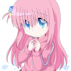 Rule 34 | 1girl, blue eyes, blush, bocchi the rock!, closed mouth, commentary request, cube hair ornament, fidgeting, geetsu, gotoh hitori, hair ornament, jacket, long hair, looking at viewer, pink hair, simple background, solo, split mouth, sweat, track jacket, white background