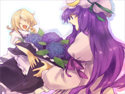 Rule 34 | 2girls, :d, ^ ^, blonde hair, blush, closed eyes, crescent, female focus, flower, from side, hat, hydrangea, kirisame marisa, mob cap, multiple girls, nakatani, open mouth, patchouli knowledge, purple hair, shaded face, simple background, smile, touhou, white background