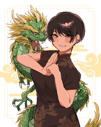Rule 34 | 1girl, alexkota1115, brown eyes, brown hair, china dress, chinese clothes, chinese zodiac, dragon, dress, ear piercing, eastern dragon, highres, looking at viewer, original, own hands together, piercing, short hair, smile, standing, tomboy, year of the dragon