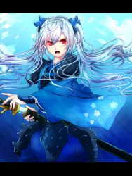 Rule 34 | &gt;:d, 10s, 1girl, :d, ;o, bad id, bad pixiv id, blue dress, chain chronicle, cowboy shot, dress, floating hair, floral print, hair between eyes, highres, horns, letterboxed, long hair, long sleeves, looking at viewer, one eye closed, open mouth, red eyes, sheath, shion sana, silver hair, smile, solo, toka (chain chronicle), twintails, unsheathing, v-shaped eyebrows, very long hair, wide sleeves, wink