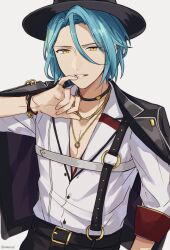 1boy arm_at_side bishounen black_hat black_jacket black_pants blue_hair bracelet buttons cowboy_shot curtained_hair ensemble_stars! finger_to_mouth hair_between_eyes half-closed_eyes hand_up hat highres himeru_(ensemble_stars!) jacket jacket_on_shoulders jewelry lapels looking_at_viewer male_focus necklace pants parted_lips pectoral_cleavage pectorals shirt short_hair simple_background sleeves_past_elbows solo suspenders v1030s024 white_background white_shirt yellow_eyes