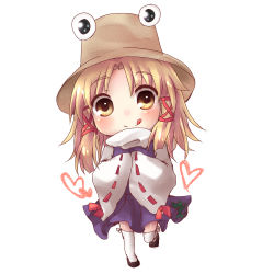Rule 34 | 1girl, :q, blonde hair, chibi, full body, hair ribbon, hands in opposite sleeves, hat, heart, high collar, kudukimii, looking at viewer, moriya suwako, over-kneehighs, ribbon, ribbon-trimmed sleeves, ribbon trim, short hair, sidelocks, simple background, skirt, skirt set, solo, standing, standing on one leg, thighhighs, tongue, tongue out, touhou, white background, wide sleeves, yellow eyes