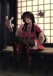 Rule 34 | 1girl, :3, black hair, black thighhighs, blunt bangs, boots, bow, bowtie, breasts, brown footwear, collared shirt, commentary, floral print, full body, garter straps, grin, highres, hime cut, houraisan kaguya, inaba mob (touhou), index finger raised, jackyyeah, long hair, long sleeves, looking at viewer, medium bangs, pink shirt, porch, print skirt, rabbit, red eyes, red skirt, shirt, shouji, sitting, skirt, sliding doors, small breasts, smile, solo, thighhighs, touhou, veranda, white bow, white bowtie, wide sleeves