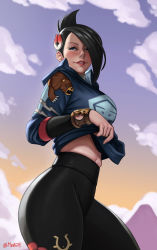 Rule 34 | 1girl, black hair, black pants, blue eyes, blue jacket, blush, character print, clothes lift, cloud, commentary, creatures (company), english commentary, eyelashes, game freak, gen 2 pokemon, hair ornament, hair over one eye, high-waist pants, highres, hood, hooded jacket, jacket, jacket lift, lifted by self, lipstick, mai (pokemon), makeup, mole, mole under mouth, mootium, navel, nintendo, outdoors, pants, parted lips, pokemon, pokemon (creature), pokemon legends: arceus, signature, sky, smile, solo, stantler, ursaring