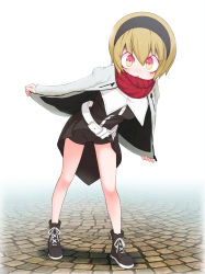 Rule 34 | 1girl, absurdres, black footwear, black shorts, blonde hair, blush, breasts, coat, full body, hair ornament, hairband, highres, jashin-chan dropkick, looking at viewer, open mouth, outdoors, pekora (jashin-chan dropkick), red eyes, sat-c, scarf, shadow, short hair, shorts, simple background, small breasts, solo, standing, teeth, upper teeth only, white background, white coat