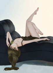 Rule 34 | 1girl, alternate costume, bare legs, barefoot, black dress, blush, breasts, brown eyes, brown hair, chuck (harfmoondark), cleavage, closed mouth, collarbone, couch, dress, girls&#039; frontline, green hair, green nails, highres, legs up, long hair, looking at viewer, lying, m4a1 (girls&#039; frontline), medium breasts, multicolored hair, nail polish, on back, sidelocks, simple background, solo, streaked hair, toenail polish, toenails