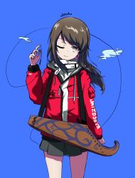 Rule 34 | 1girl, bad id, bad pixiv id, black skirt, blue background, brown eyes, brown hair, casual, closed mouth, coat, commentary request, cowboy shot, earbuds, earphones, finnish text, girls und panzer, head tilt, highres, holding, holding earphones, instrument, kantele, kiroshi, korean commentary, logo, long hair, long sleeves, looking at viewer, mika (girls und panzer), miniskirt, no headwear, one eye closed, pleated skirt, red coat, simple background, skirt, smile, solo, standing