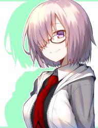 Rule 34 | 1girl, black-framed eyewear, black shirt, fate/grand order, fate (series), hair over one eye, highres, hooeded sweater, mash kyrielight, necktie, purple eyes, red necktie, shiime, shirt, short hair, silver hair, smile, solo, standing, sweater, unzipped, upper body, white sweater