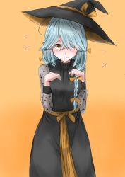 Rule 34 | 1girl, ahoge, black dress, blue hair, blush, bow, braid, closed mouth, commentary, dress, hair bow, hamanami (kancolle), hat, highres, kamaboko senshi, kantai collection, long hair, long sleeves, official alternate costume, orange background, orange bow, orange eyes, solo, witch hat