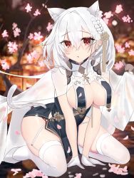 Rule 34 | 1girl, animal ear fluff, animal ears, azur lane, blush, braid, branch, breast curtains, breasts, cat ears, cat tail, cherry blossoms, cherrymaru, china dress, chinese clothes, cleavage, dress, flower, garter straps, gloves, grey dress, hair between eyes, hair flower, hair ornament, highres, kneeling, large breasts, leaning forward, looking at viewer, neckwear between breasts, open mouth, pelvic curtain, red eyes, revealing clothes, see-through, see-through sleeves, short hair, side braid, side slit, sideboob, sirius (azur lane), sirius (azure horizons) (azur lane), solo, tail, thighhighs, thighs, white footwear, white gloves, white hair, white thighhighs