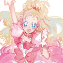 Rule 34 | 1girl, :d, arm up, bad id, bad twitter id, blonde hair, blue eyes, bow, collarbone, cure flora, earrings, flower, flower necklace, gloves, go! princess precure, gradient hair, haruno haruka, jewelry, light particles, long hair, magical girl, multicolored hair, necklace, open mouth, pink bow, pink hair, precure, puffy short sleeves, puffy sleeves, short sleeves, simple background, smile, solo, upper body, waist bow, white background, white gloves, yousuke (yosk)
