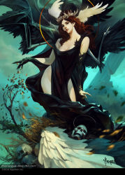 Rule 34 | 1girl, angel, artist name, bayard wu, blue eyes, breasts, circlet, cleavage, curly hair, dated, feathered wings, grass, highres, leaf, legend of the cryptids, long hair, official art, open mouth, orange hair, skull, solo, teeth, tree, watermark, web address, wings