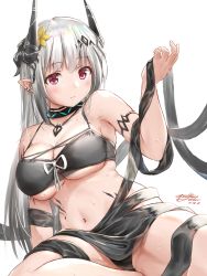 Rule 34 | arknights, arm support, armlet, bare shoulders, bikini, black bikini, blush, breasts, cleavage, closed mouth, commentary request, dated, ear piercing, flower, hair flower, hair ornament, highres, horns, infection monitor (arknights), jewelry, large breasts, leaning back, long hair, looking at viewer, material growth, mudrock (arknights), mudrock (silent night) (arknights), navel, necklace, official alternate costume, oripathy lesion (arknights), piercing, pointy ears, purple eyes, revision, sarong, signature, silver hair, simple background, sitting, solo, stomach, straight hair, sweat, swimsuit, underboob, very long hair, white background, yellow flower, yukinoshiro