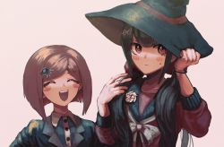 Rule 34 | 2girls, black hair, blazer, blush, bob cut, bracelet, closed eyes, commentary, danganronpa (series), danganronpa v3: killing harmony, embarrassed, grin, hair ornament, hairclip, harukawa maki, hat, highres, jacket, jewelry, long hair, mole, mole under eye, multiple girls, open mouth, playing with own hair, red background, red eyes, red hair, school uniform, serafuku, short hair, simple background, smile, symbol-only commentary, visket53, witch hat, yumeno himiko