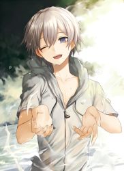 Rule 34 | 10s, 1boy, androgynous, collarbone, harano, highres, hood, hoodie, male focus, one eye closed, open mouth, smile, solo, totsuka saika, water, wet, wet clothes, wink, yahari ore no seishun lovecome wa machigatteiru.