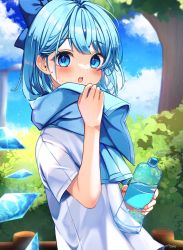 Rule 34 | 1girl, :o, alternate costume, blue bow, blue eyes, blue hair, blue sky, bottle, bow, cirno, cloud, day, hair behind ear, hair bow, highres, holding, holding bottle, ice, ice wings, open mouth, outdoors, shirt, short sleeves, sky, solo, touhou, towel, towel around neck, tree, upper body, water bottle, white shirt, wings, yuineko